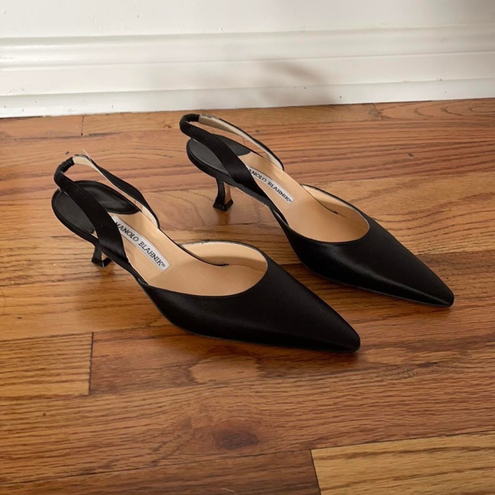 Vintage Satin Black Manolo Blahnik Slingback Kitten Heels